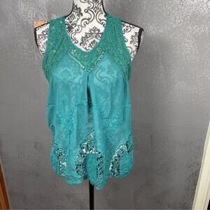 Coco + Jaimeson Teal Lace Embroidered Teal Tank Top. Boho Chic Cute. Sz Medium